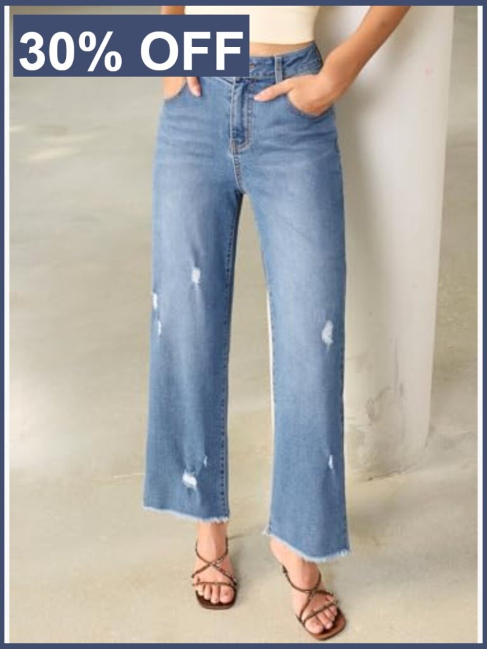 Wide Leg Straight Ankle Jeans Distressed Frayed Raw Hem Denim Pants with - Picture 2 of 7